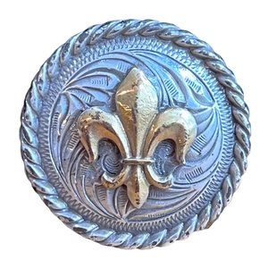 Vtg Fleur de Lis Real Leather Concho Braided Edge Gold Silver Plated Round 1.25"